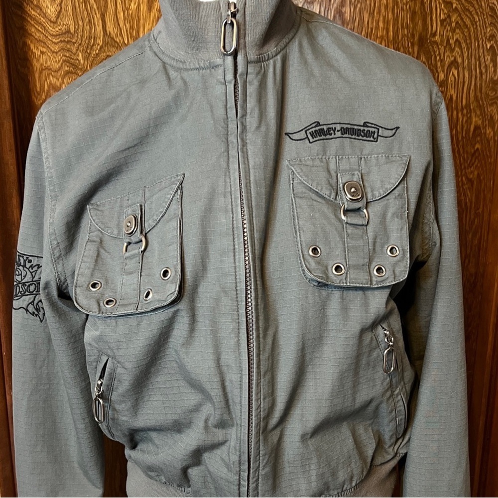 Vintage Harley Davidson Women's Gray Motorcycle Embroidered Rose Logo Jacket Zip